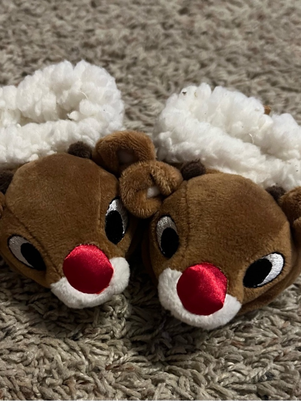 Kids Plush Reindeer Slippers - Brown with Red Nose